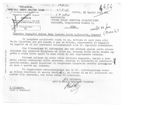 DELASEM (Genova). Busta 44 I-35 sequestro masserizie ebrei internati: 19.7.1943